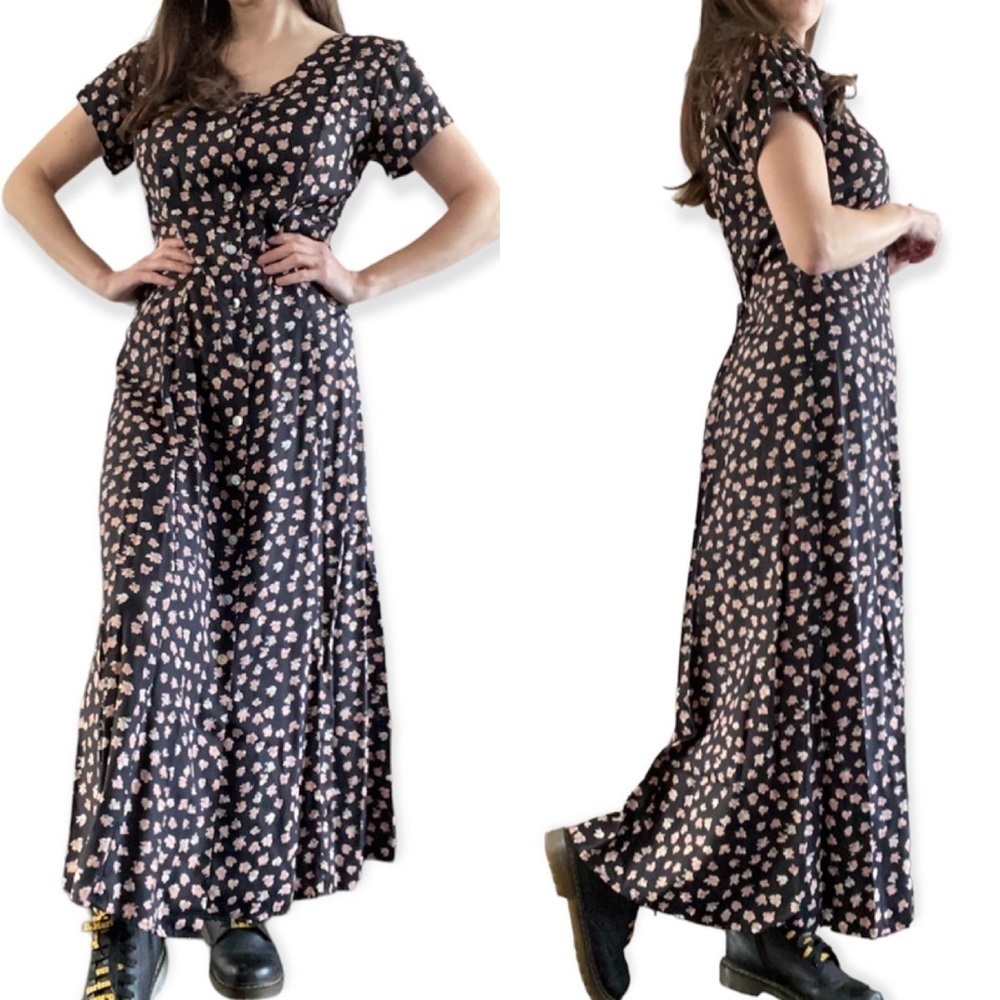 Vintage ED Michaels Melanie Drucker Floral Dress Button Down Tie Back Prairie
